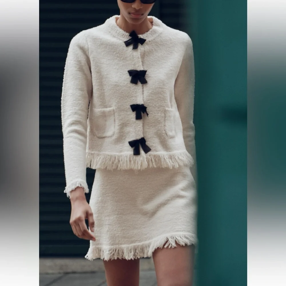 Zara 2 pieces set bow knit cardigan with matching skirt NWT